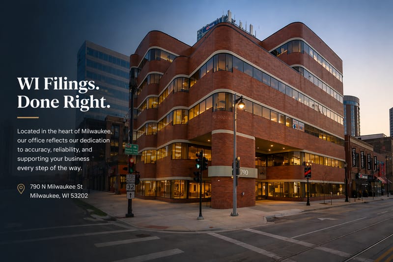 Wi Filings office at 790 N. Milwaukee Street, Suite 300, Milwaukee, WI